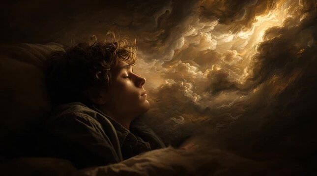 Conceptual scene of sleeping Joseph in darkness as chaotic clouds of fear swirl above him &mdash; a warm golden light of the angel parts the storm, bringing divine calm and clarity.
