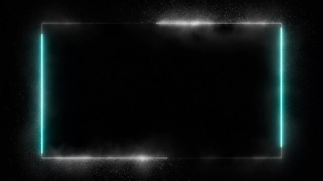 Animation of glowing neon rectangles abstract background. abstract glowing white sparkling dust particles and cyan neon rectangle border frame. 4k animated on black background