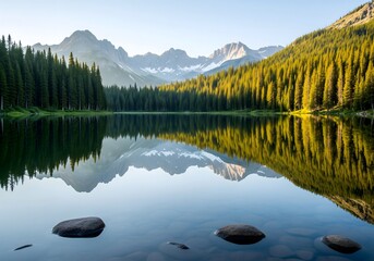 Serene mountain lake reflection with pine forest and rocky peaks at sunrise