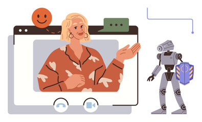 Woman gesturing during a virtual call, chat bubbles, smiling face, and humanoid robot with a shield. Ideal for innovation, AI, digital learning, teamwork, communication security human-robot