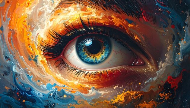 A striking artistic rendering features a detailed human eye with vibrant blue iris, surrounded by a swirl of colorful, fiery patterns