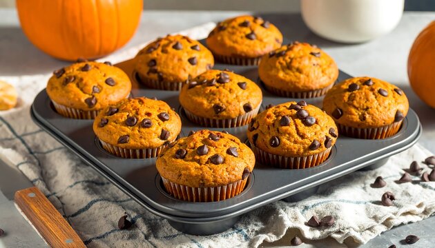 Freshly baked pumpkin chocolate chip muffins - Powered by Adobe