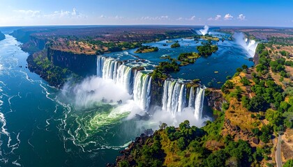 Panoramic view of majestic waterfalls cascading over cliffs