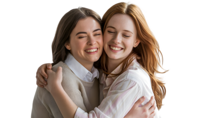 Two happy young women hugging and smiling, isolated on transparent background