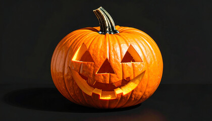 Carved jack-o'-lantern with triangular eyes, nose, and toothy smile on black background for Halloween decoration.
