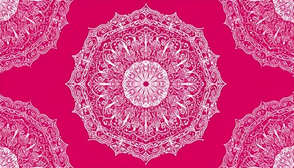 A seamless pattern featuring intricate, symmetrical, white mandala designs on a vibrant, hot pink background