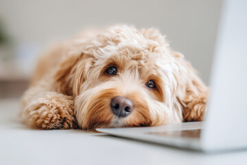 Cozy dog resting beside a laptop