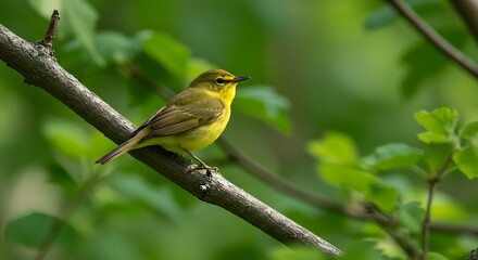 Vibrant yellow warbler perched on branch in lush green environment