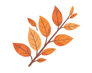 Fototapeta premium A stylized illustration of a branch with several autumnal leaves in shades of orange and brown, set against a white background. The leaves vary slightly in size and shape