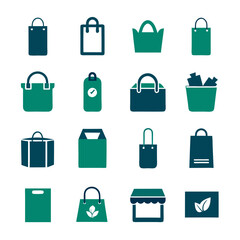 Collection of shopping bag icons in blue and green