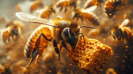 Honeybee collecting honey from honeycomb