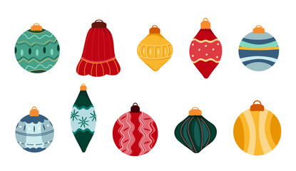 Set of Christmas balls, New Year decorations, colorful toys for greeting cards, posters, invitations, fabric, wrapping, children's decor