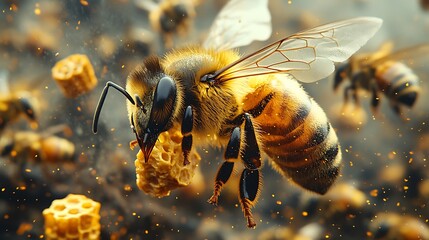 Honeybee carrying honeycomb closeup