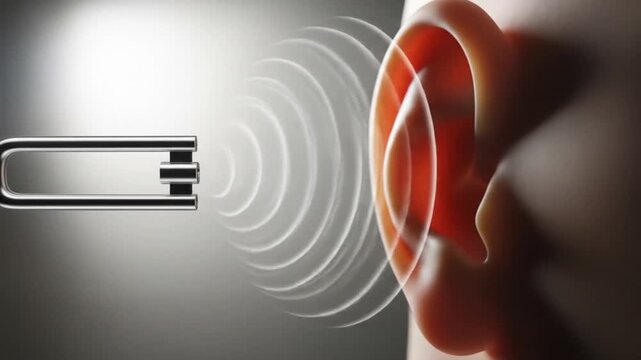Dynamic sound waves from a tuning fork resonate towards a human ear, illustrating auditory perception and scientific principles in a modern, sleek visualization.