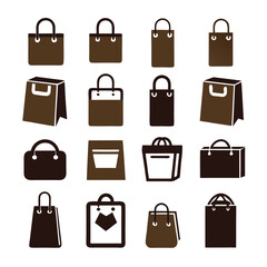 Shopping bag icons in varied designs on white background