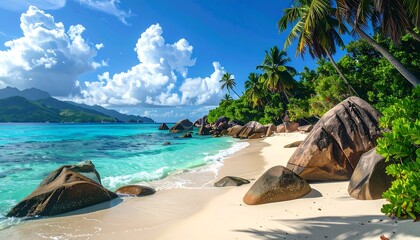 A tropical paradise scene, capturing a stunning beach with azure water, soft sand, palm trees, boulders, lush greenery, and fluffy white clouds