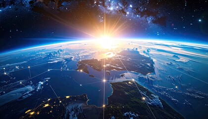 A sunlit Earth viewed from space, showcasing a network of interconnected lines across continents, highlighting global connectivity against a backdrop of stars and a vibrant sunrise