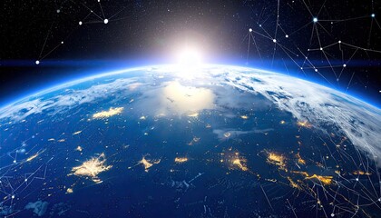 Fototapeta premium A sunlit Earth viewed from space, showcasing illuminated city lights and a network of interconnected lines suggesting global communication or energy flow