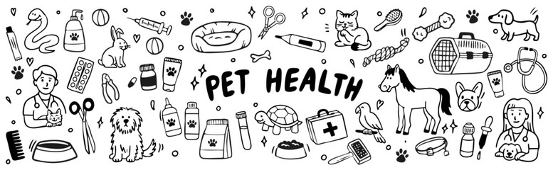 pet health veterinary clinic doodle vector set with animals and pet care icons
