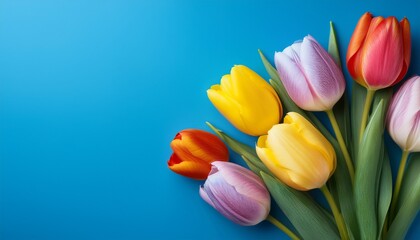 Colorful Tulips In A Floral Arrangement Placed In Blue Background With Large Empty Copyspace