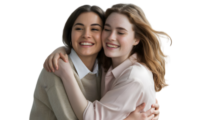 Two happy young women hugging and smiling isolated on transparent background