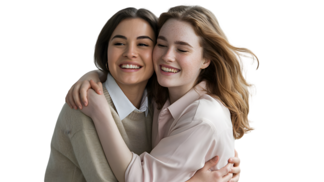 Two happy young women hugging and smiling isolated on transparent background