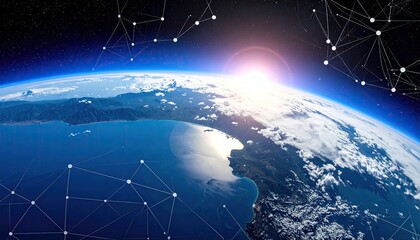 A sunrise over Earth, viewed from space, shows a network of interconnected nodes overlaying the planet's surface, symbolizing global connectivity