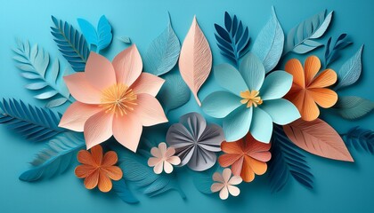 Pastel Papercut Leaves And Flowers On Blue Background