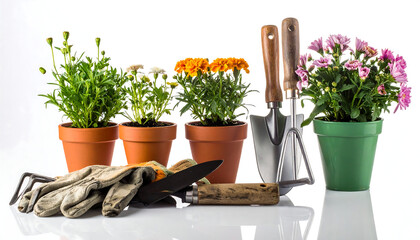 Gardening tools and small plant with bulb arranged neatly on white background for cultivation and planting.