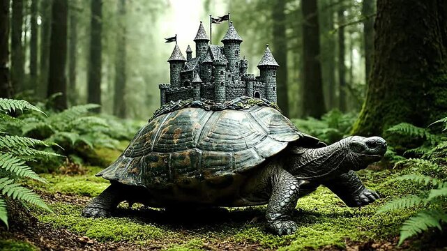 Turtle carrying miniature castle on its patterned shell  