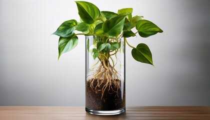 Green Pothos Plant In Tall Clear Glass Cylinder Vase With Visible Roots And Soil On Transparent Background