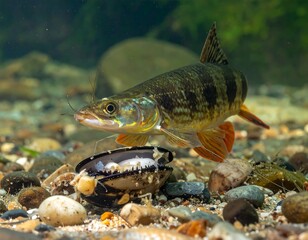 Freshwater fish near a shell