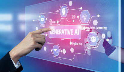 A hand reaching toward a digital interface featuring generative AI concepts and machine learning illustrations, symbolizing innovation and technological advancement. Tessel