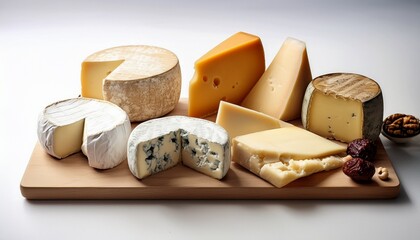 Mix Cheese On Wooden Board A Variety Of Cheeses Are Displayed On A White Table Including Blue Cheese