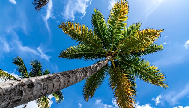A tropical scene featuring a tall palm tree reaching towards a vibrant blue sky dotted with fluffy white clouds. The fronds are partially yellow