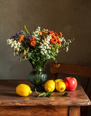 Still life of autumn flowers and fruit