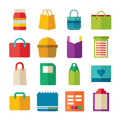 Flat design vector icons of various shopping related items
