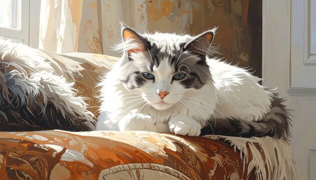 A fluffy, white and gray cat with blue eyes rests on a patterned orange and brown couch near a sunlit window - Powered by Adobe