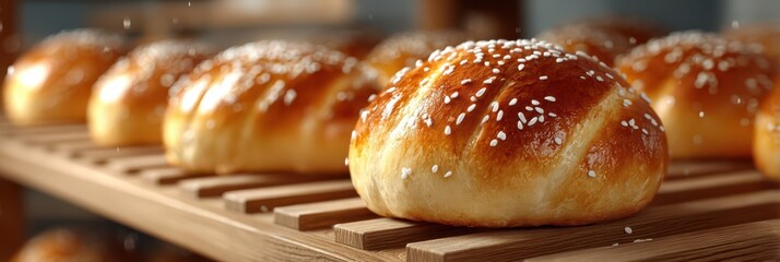 Freshly baked bread rolls displayed on a wooden shelf in a cozy bakery setting during daylight hours