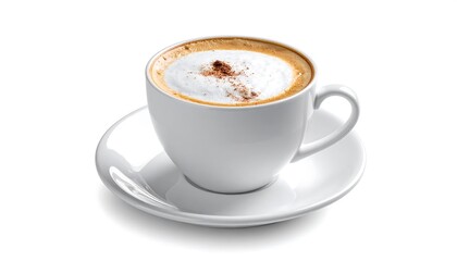 Fototapeta premium A photo of a cappuccino, a coffee drink, sits on a saucer. The white ceramic cup and saucer are set against a white background