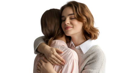 Two women hugging closely, isolated on transparent background
