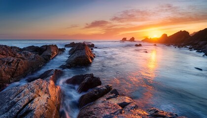 Dusk Glow And Rocky Shoreline