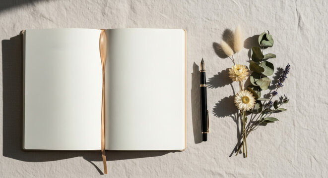 Minimalist flat lay of an open blank notebook, elegant fountain pen, and dried flowers on a linen fabric. Creative writing, poetry, and mindfulness concept.