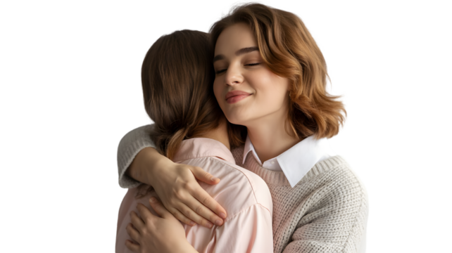 Two women hugging closely, isolated on transparent background