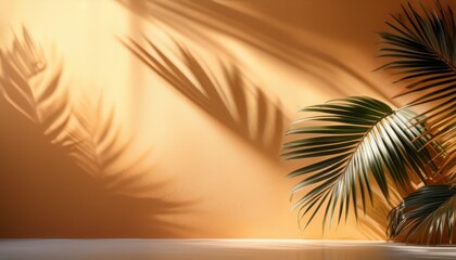 Elegant Shadows Of Tropical Leaves On Warm Wall With Soft Natural Lighting