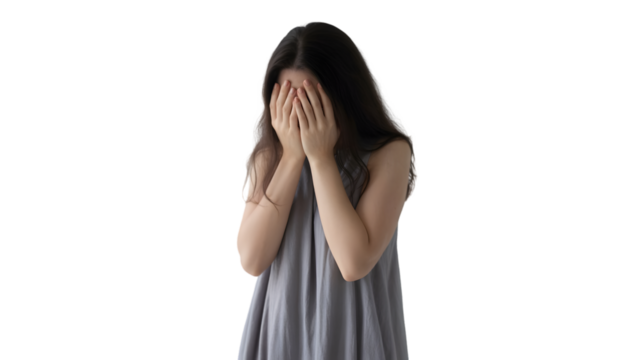 Young woman covering her face with hands, isolated on transparent background