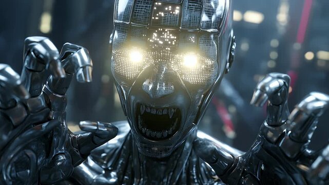 A hyper-realistic cyberpunk robot with a glitching pixelated face and manic hand gestures, set against a minimal neon background, showcases disturbing and surreal design elements