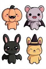 Cute Halloween Characters Stickers with Pumpkin and Bat