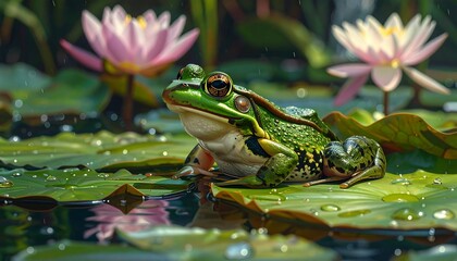 Obraz premium Frog on lily pad in a pond