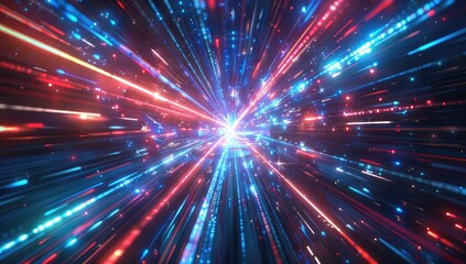 A vibrant, abstract depiction of light streaks radiating from a central point, creating a dynamic and energetic composition with contrasting red and blue hues